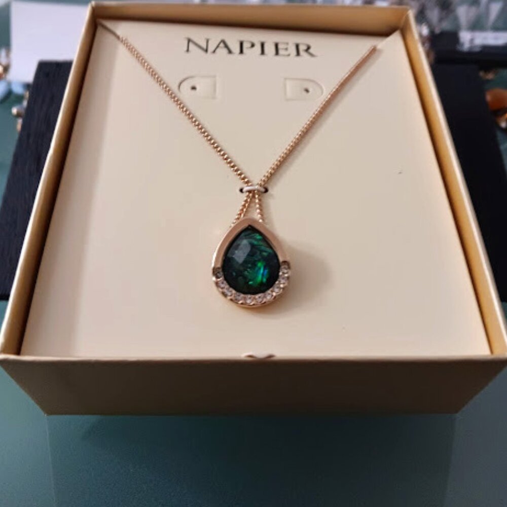 NAPIER Contemporary Gold Blue-Green + Clear Crystal Pear Shaped Pendant Necklace - Picture 2 of 3